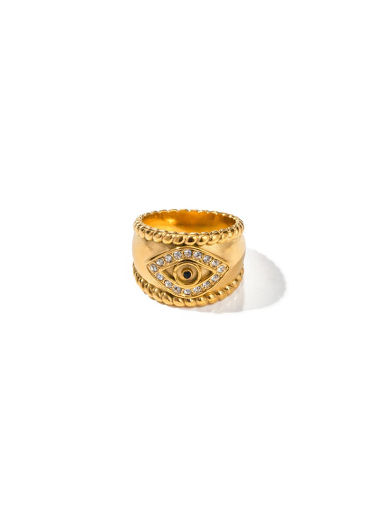 Golden steel ring with zirconia eye