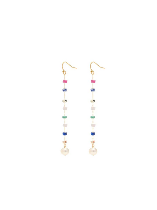 Long steel earrings with stones and pearl