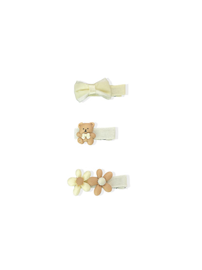 Set de pinças beges de cabelo  com urso e flores