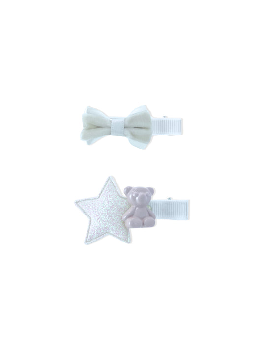 Set of white hair clips with bow and bear