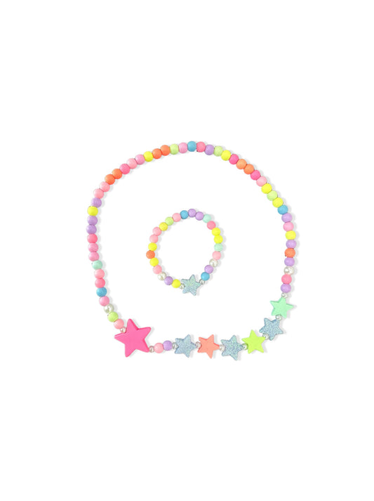 Set de colar e pulseira de missangas coloridas com estrelas