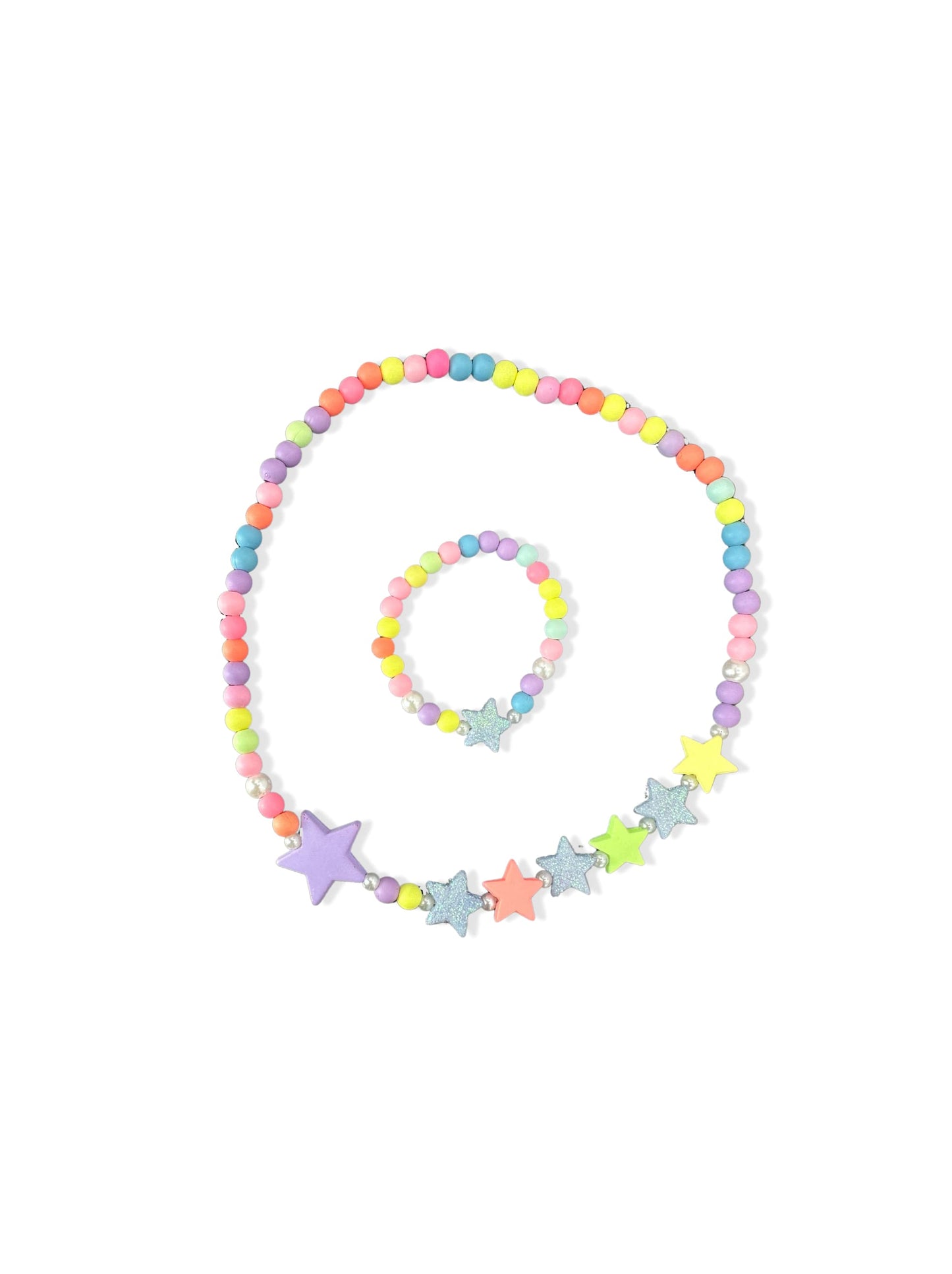 Set de colar e pulseira de missangas coloridas com estrelas