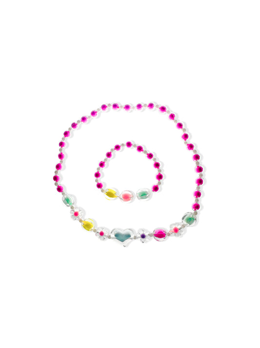 Colorful bead necklace and bracelet set with heart