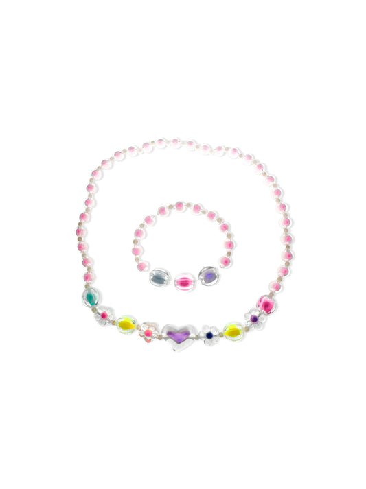 Colorful bead necklace and bracelet set with heart