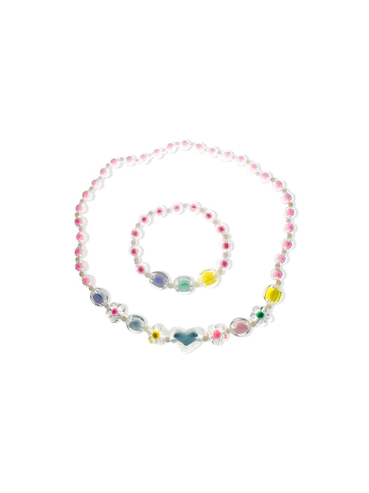 Colorful bead necklace and bracelet set with heart