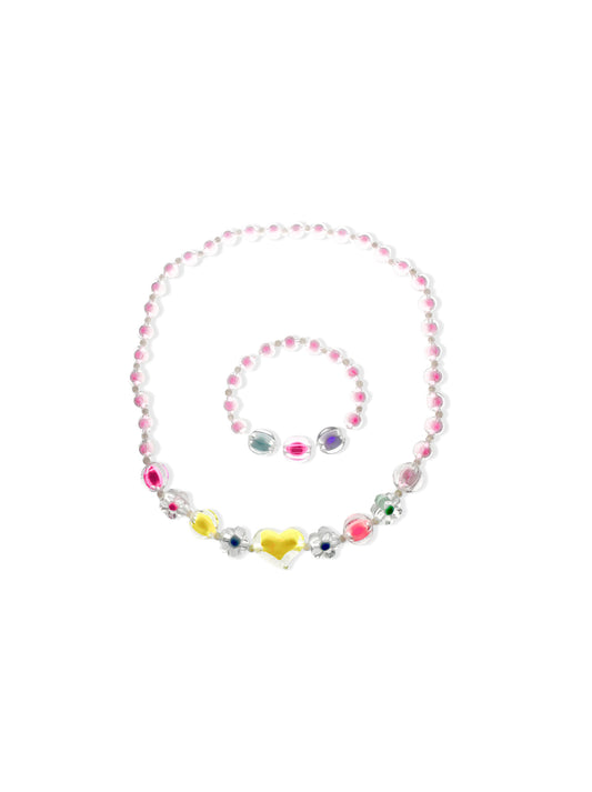 Colorful bead necklace and bracelet set with heart