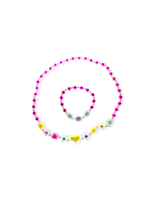 Colorful bead necklace and bracelet set with heart