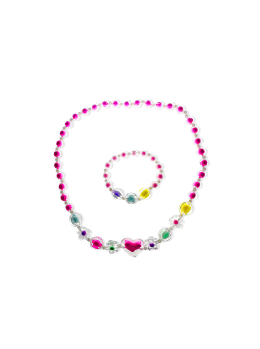 Colorful bead necklace and bracelet set with heart