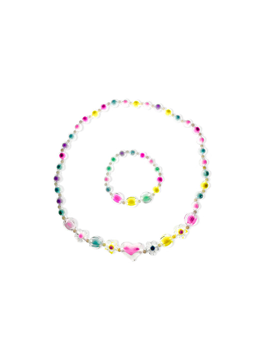 Colorful bead necklace and bracelet set with heart