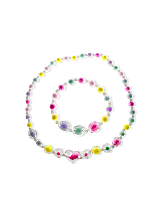 Colorful bead necklace and bracelet set with heart