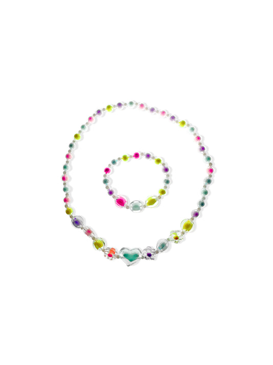 Set de colar e pulseira de missangas coloridas com coração